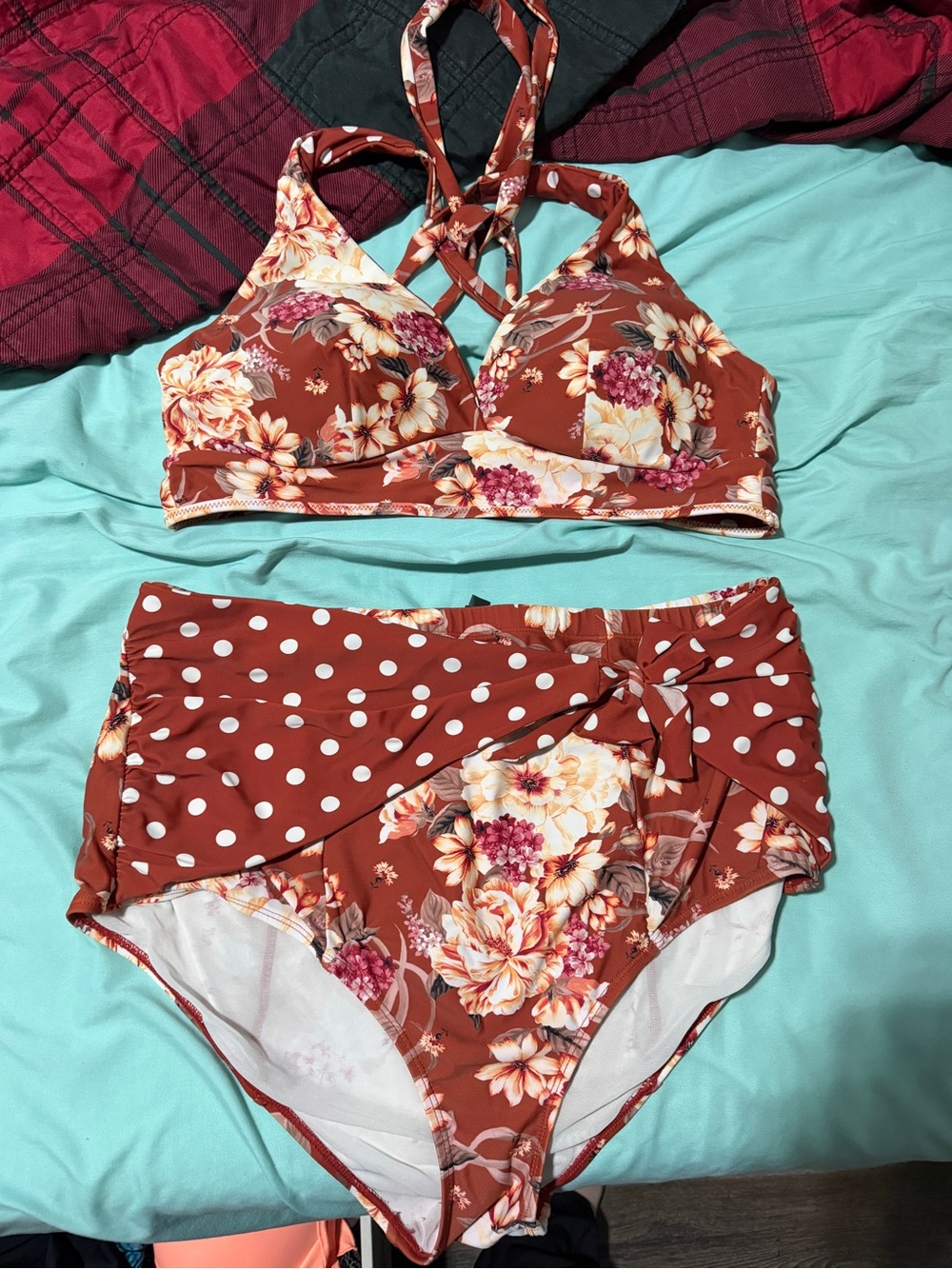 torrid Rust Floral & White Polka Dot Swim Set - reversible top